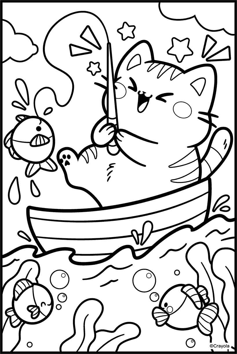 Cut Fishing Cat Free Coloring Page
