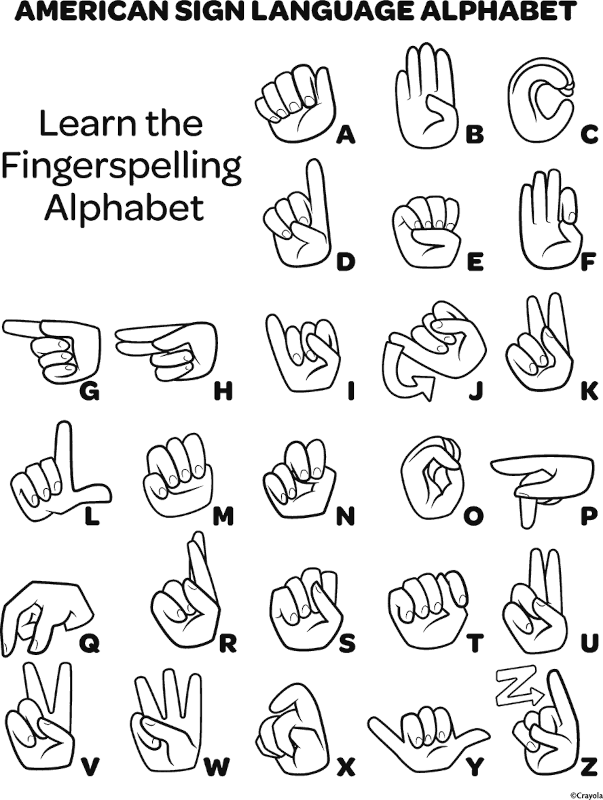Free asl american sign language alphabet coloring page