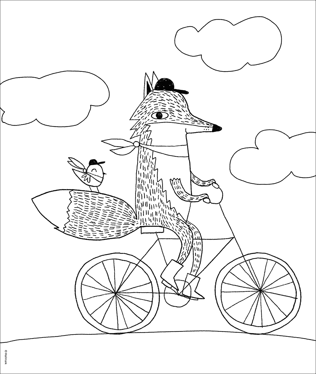 Whimisical creations fox on bike free coloring page